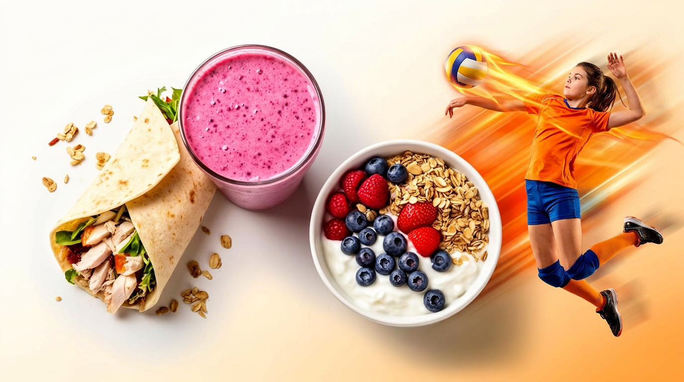 Healthy game day fuel — wraps, smoothies, and young athletes in motion